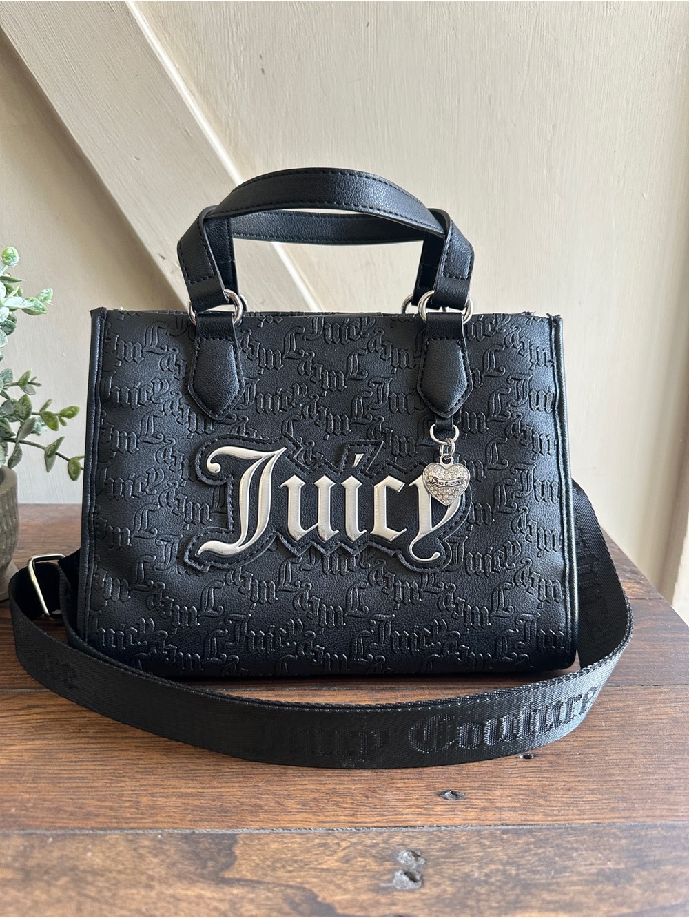 Juicy Couture Black Monogram Satchel Crossbody Bag Silver Logo Charm